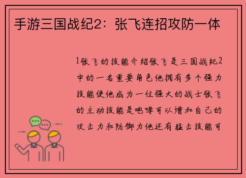 手游三国战纪2：张飞连招攻防一体