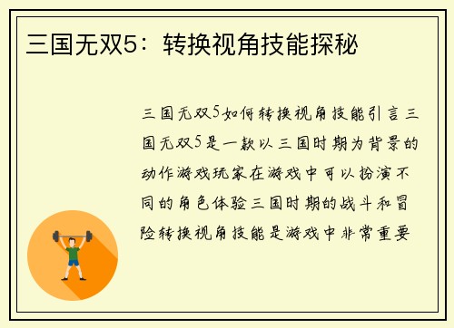 三国无双5：转换视角技能探秘