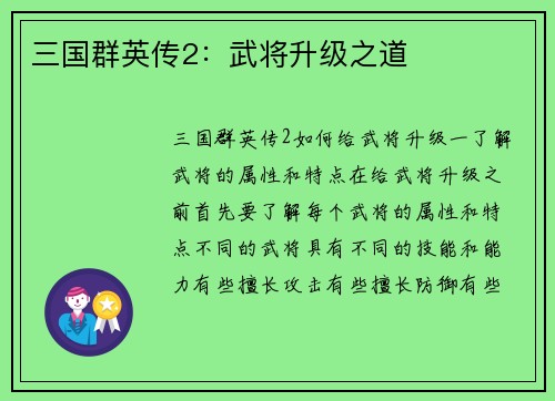 三国群英传2：武将升级之道